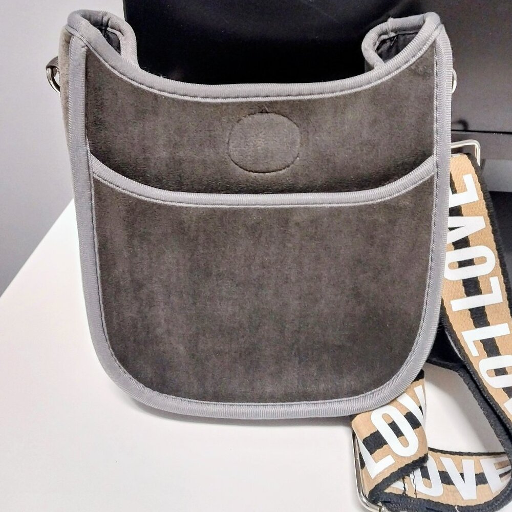 Ah-dorned Messenger Crossbody Bag Purse Vegan Suede Gray with Guitar Strap